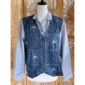 Vintage Alfred Dunner Petite Denim Embroidered Vest Button Down Long Sleeve